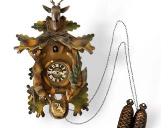 Vintage Wooden Cuckoo Clock with Deer Mount