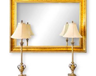 Large Beveled Glass Gold Framed Mirror 2 Gold Candlestick Lamps