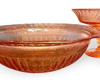Pink Depression Glass Large Bowl and Pink Swirl Compote Dish