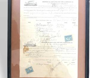 Framed Steamboat Shipping Receipt With Blue Revenue Stamps From Early 20th Century