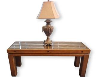 Chunky Oak Glass Top With Chevron Design Narrow Side Table Urn Shaped Table Lamp