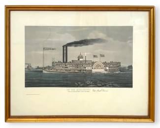 Framed 1855 lithograph High Pressure Steamboat Mayflower by Nathaniel Currier 27W x 21H