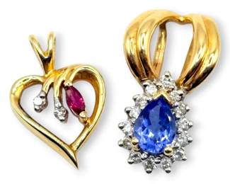 14k Gold Diamond Pendants with Red Blue Gemstone Accents 4.41g Total