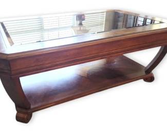 Inlaid Wood Coffee Table With Beveled Glass Top