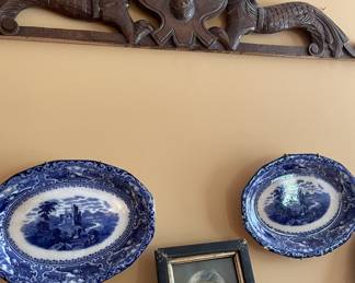 Wooden carving, flow blue platters