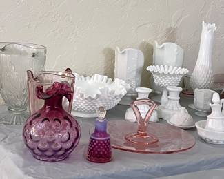 Fenton cranberry coin dot pitcher,  Fenton cranberry hobnail cruet with stopper,  