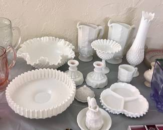 A variety of Fenton milk glass items.