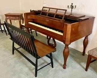 Very Rare 20th Century “Early American” Style Mathushek Spinet Grand Piano In Brown Mahogany Wood - the 1930s era, Shown here with a bench.