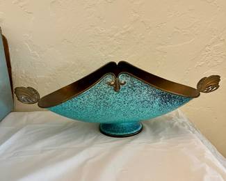 Mid-Century brass and teal enamel pedestal bowl