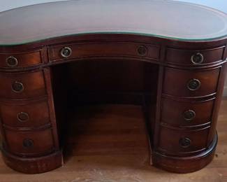 Regency Style KidneyShaped Mahogany Desk with Leather Top and Glass Cover