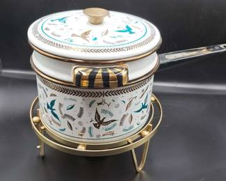 Vintage Georges Briard Birds of Paradise Enameled Chafing Dish with Brass Stand