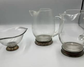 Sterling Base Glass Pitchers and Dish
