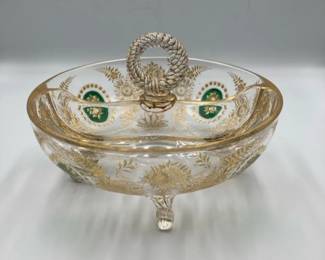 Moser Style Gilt Glass Divided Footed Dish with Handle