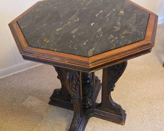 Vintage Octagonal Side Table with Faux Marble Top  Carved Bas