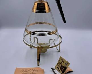 Vintage MidCentury Modern Inland Glass 22K Gold Trim Carafe with Warmer Stand