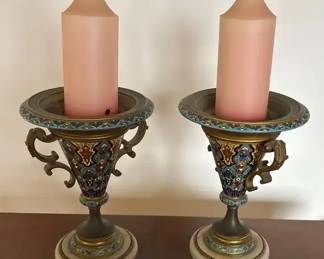 Pair Vintage Decorative Brass Candle Holders with Enamel  Marble Bases