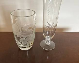 Pair of Vintage MidCentury Etched Glass Vases