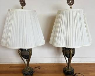 Pair of Vintage Neoclassical Style Table Lamps  Marble Base  Brass Tripod