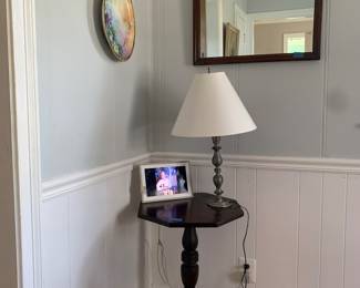 Ocassional Table, Pewter lamp, Antique Glass Mirror, Limoges Platter