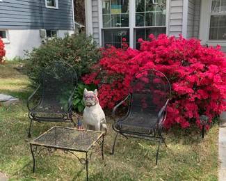 Outdoor Metal Rockers with Cocktail table. Concrete dog not for sale.