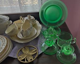 Uranium plates, juicer, creamer, candlesticks