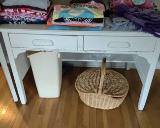 Vintage desk, basket, clothing