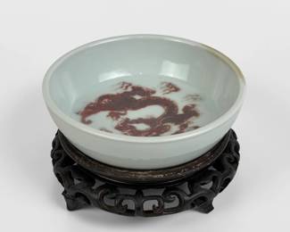 Antique Chinese Dragon Motif Porcelain Bowl w/ Antique Stand