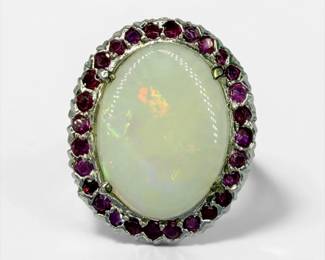 18K White Gold Opal & Ruby Ring