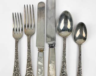 (76pc) Cluny Gorham Nouveau Floral Repousse Silver Flatware Set