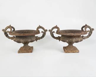 Pair of Victorian Double Handled Cast Iron Garden Urns