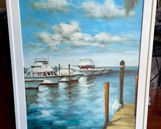 Mid Century Boats dockside Painting 