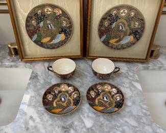 Japanese Satsuma Moriage Tea Cups and Saucers, and Plates, Professionally Framed, silk matted.