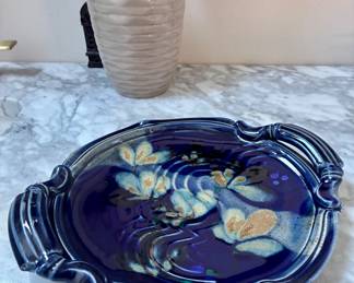 Mid century blue glazed ceramic platter 