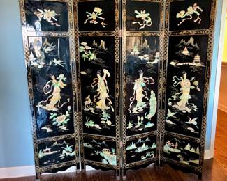 Vintage Chinese Screen Room Divider inlay shells resins black lacquer finish
