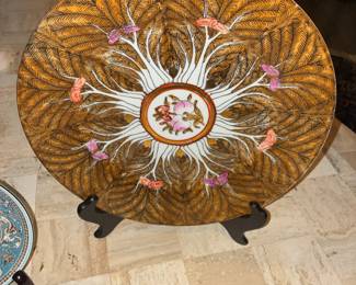 Rare Vintage Chinese Famille Verte Bok Choy Plate with Decorative Display Stand