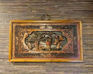 Antique Asian Wood  Door panel, hand painted Artwork 
