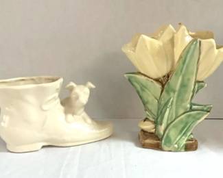 McCoy Yellow Double Tulip Vase Dog On Boot Shoe Planter