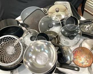 Assorted Pots, Pans, Lids, Bread Basket, More