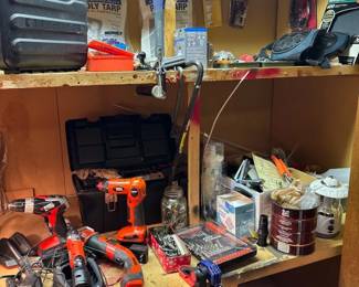 Work Bench area with Black Decker Tools, Full Tool Box, Tools