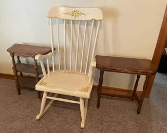 Vintage White Floral Rocking Chair Two Small Wooden Tables