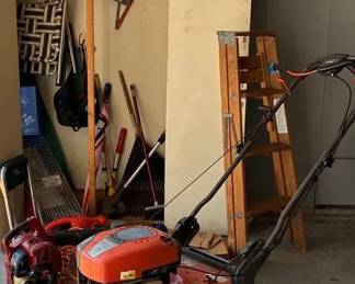 Husqvama Gas Lawnmower, Toro Gas Blower, BD Electric Hedge Trimmer Contents Of Cabinet