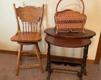 Vintage Wooden Swivel Stool, Wicker Magazine Rack, Two Dark Wood Nesting Tables