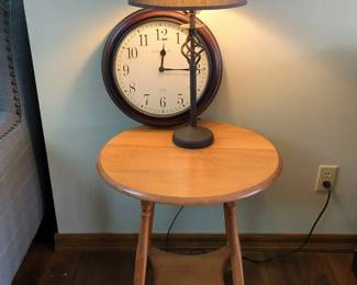 Round Oak Table, Lamp And Clock