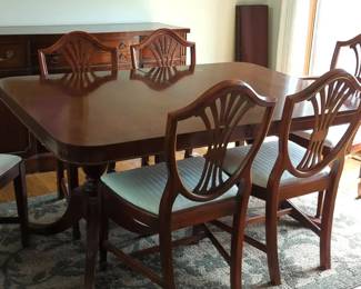 Mahogany Double Pedestal Dining Table and 6 Hepplewhite Style Chairs
