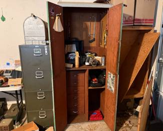 Great storage cabinet, file cabinet, like new circular saw in case, builder grade saw (needs a new cord)