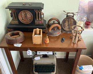 Antique mantel clock, irons, scales, and butter mold, vintage hat form , crock and typewriter