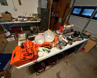 Socket sets, electric drills, shop lights