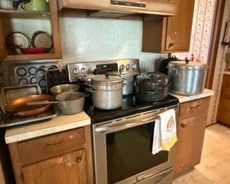 Cookware and large pots for canning, vintage black & white enamel ware