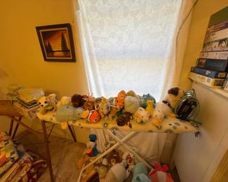 Antique wooden ironing board, stuffies, ironing board & iron