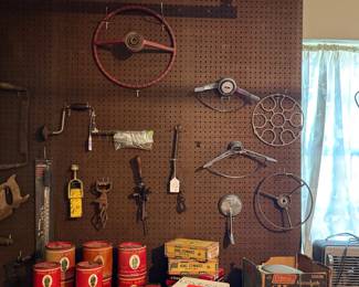 Antique brace & bit ( multiple bits) Antique egg beater drill, tractor steering wheels & a 62/63 Chevy Impala horn ring , vintage Colman lantern